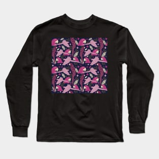 Ara Parrot Tropical Leaves Pink on Dark Blue Long Sleeve T-Shirt